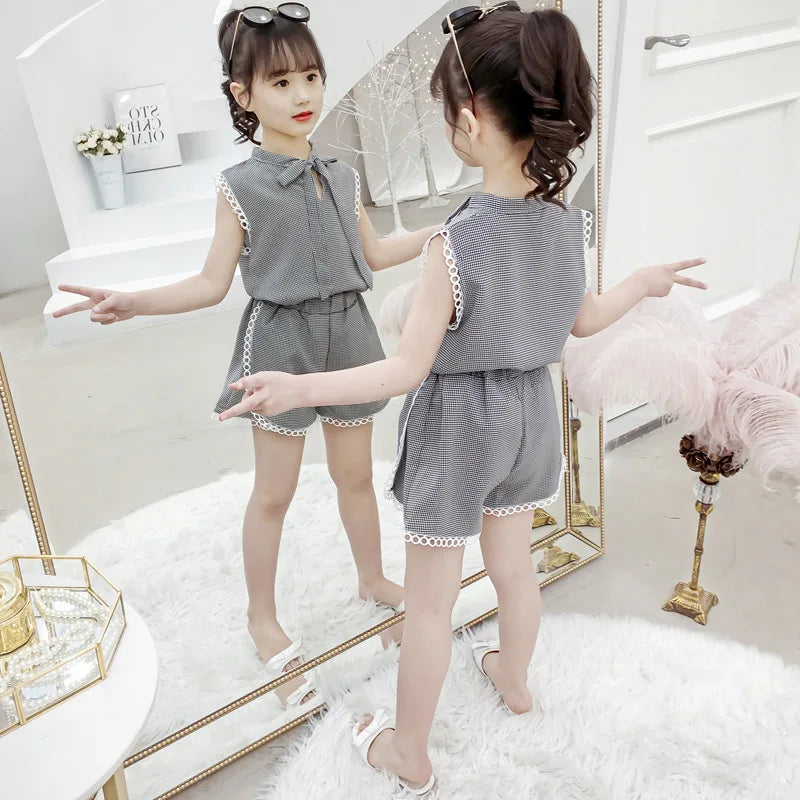 2024 Summer Clothes For kids Girls Cute Plaid Lace T Shirt + Shorts pants Teenager Outfits Casual 3 4 5 6 7 8 to 10 11 12 year