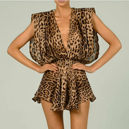 Viya 2024 Summer New Women's Vintage Leopard Dress Print Sleeveless Low-Cut Sexy Tie Dress