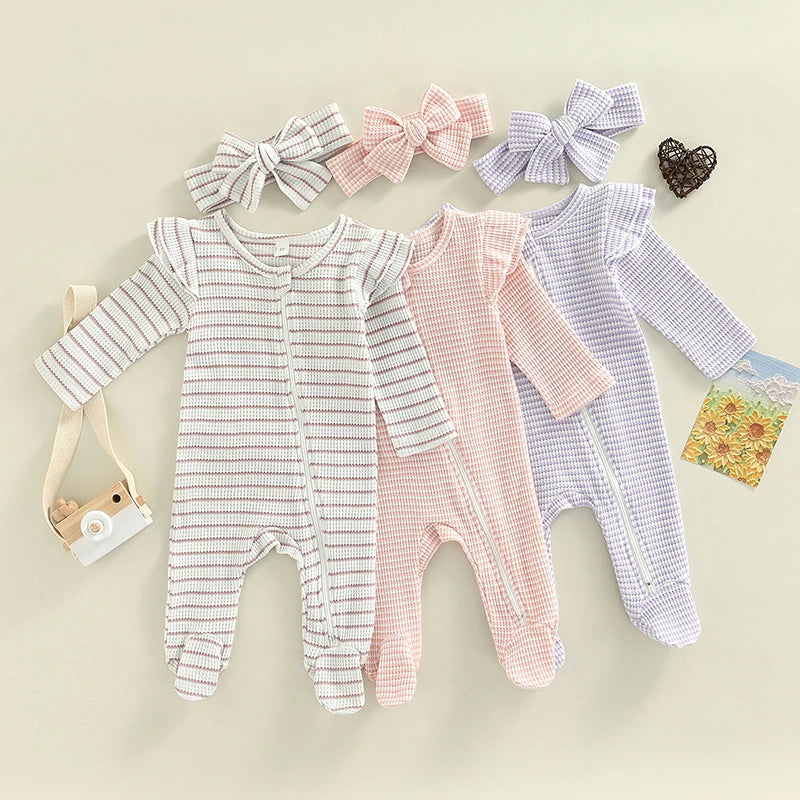 0-9M Newborn Baby Girl Clothes Ruffle Baby Sleeper Zipper Footie Knit Romper Playsuit Jumpsuit with Headband Outfit 2 Piece