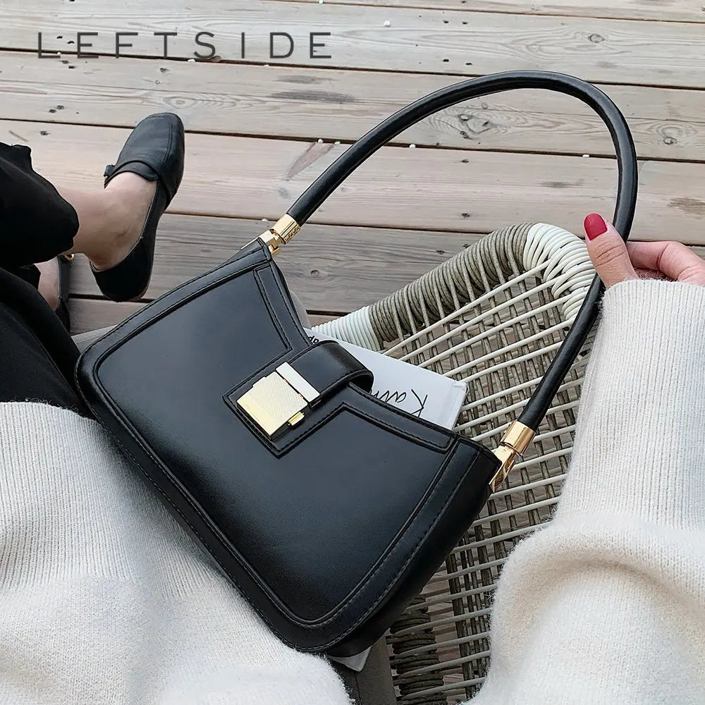 LEFTSIDE Shoulder Bags For Women Solid Color PU Leather 2023 Trend Lock Handbags Small Purse Hand Lady Designer Zipper Clutch