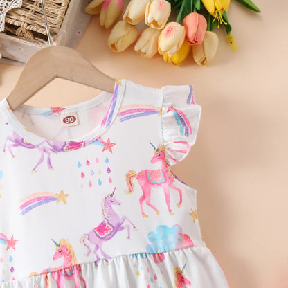 Summer Cute Girl Dresses Cartoon Unicorn Pattern Flying Sleeve Kids Girls Party Dresses 2 To 8 Years Kids Casual Clothes