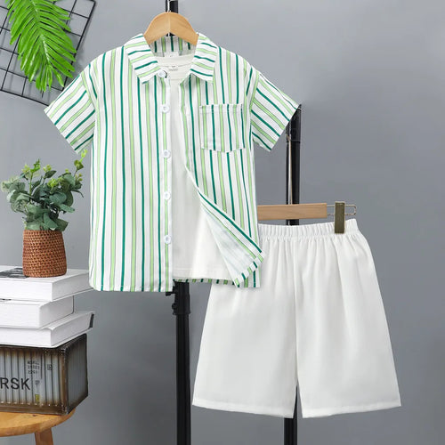 2 Piece Set Teens Boy Clothes Shirt + Shorts 8 9 10 11 12 Years Old Summer Green Strip Casual Beach Party Kids Boy Outdoor suit