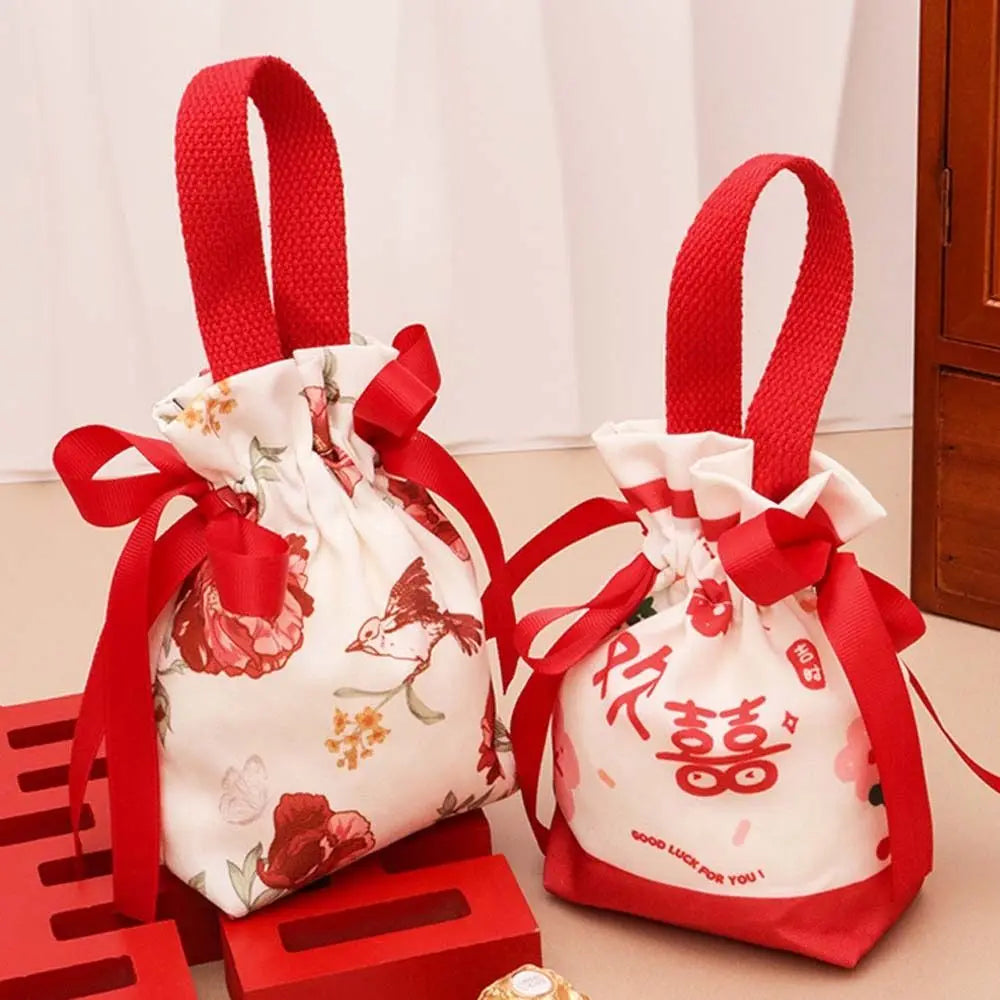 Bird Canvas Drawstring Bag Floral Large Capacity Small Flower Wrist Bag Korean Style Coin Purse Wallet Festive Sugar Bag