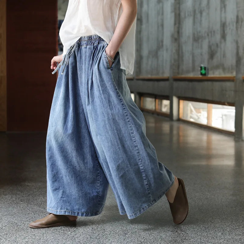 Vintage Washed Distressed Women Jeans Elastic Waist Lace-up Literary Loose Casual Pants Fashion Versatile Simple Female Trousers