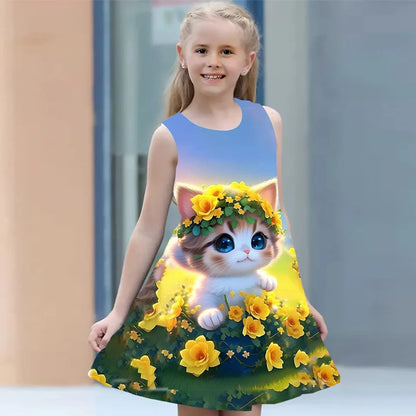 Summer Dress For Girls 2024 Kids Clothes Casual Sleeveless O-neck Cat 3D Print Children Princess Dress Girl 2 To 8 Years Old