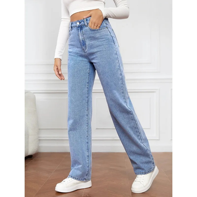 2024 Spring Summer New Women's Clothing Stretch Washed Denim Fashion Straight Jeans Pants Trousers Solid Color Bleached