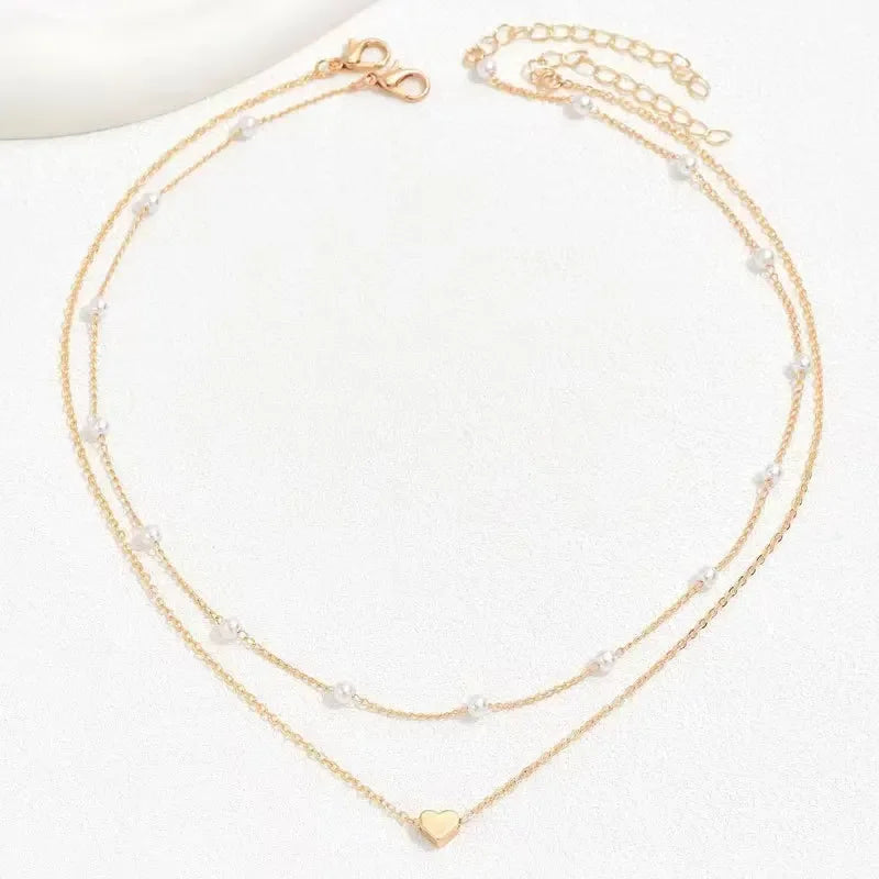 Simple Pearl Choker Necklaces for Women Fashion Double Layer Chain Small Love Heart Pendant Necklace Jewelry Gift Wholesale