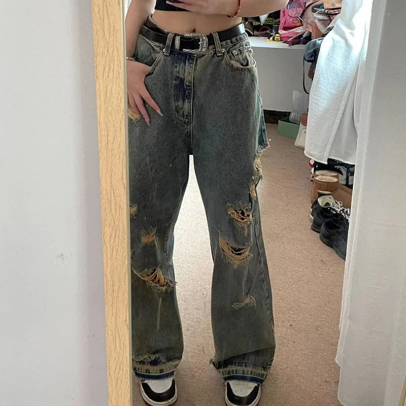 Hong Kong Style High Street China-Chic 2024 Summer New Spicy Girls Fashion Loose Wide Leg High Waist Casual Broken Jeans