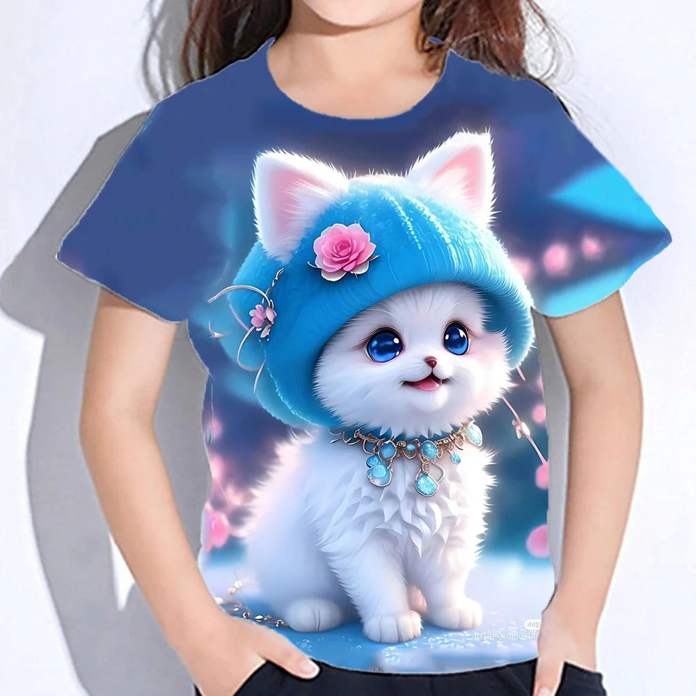 2024 Girl Summer Tops Girls Clothes 2 to 8 Years Short Sleeve Children T-Shirt Cat Print Kids T Shirt Kawaii Children's Clothing