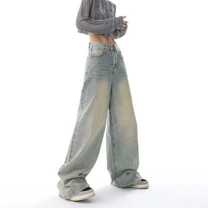 2024 Korean Vintage Casual High Waist High Street Style Light Blue Straight Jeans Pants Women's Wide Leg Baggy Y2K Denim Trouser