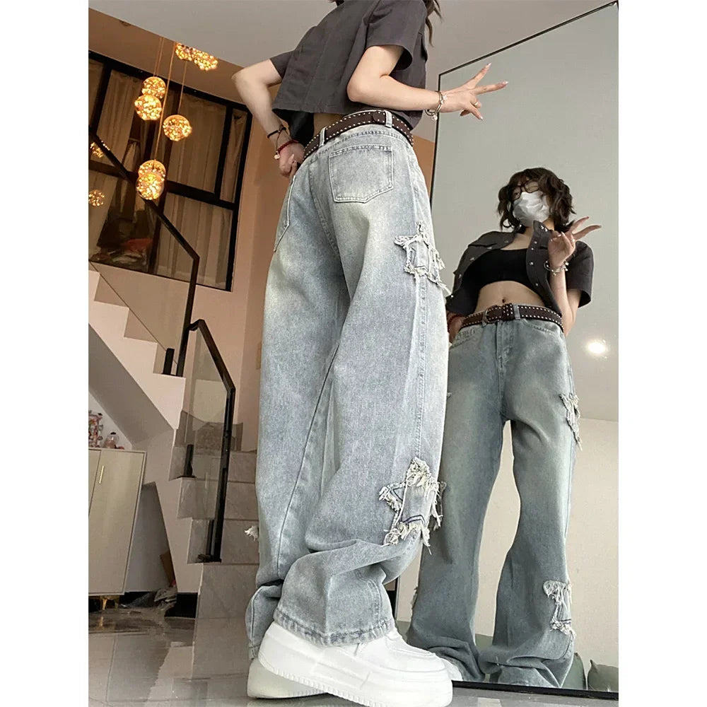 Blue Jeans for Women Korean Ins High-waisted Straight Wide-leg