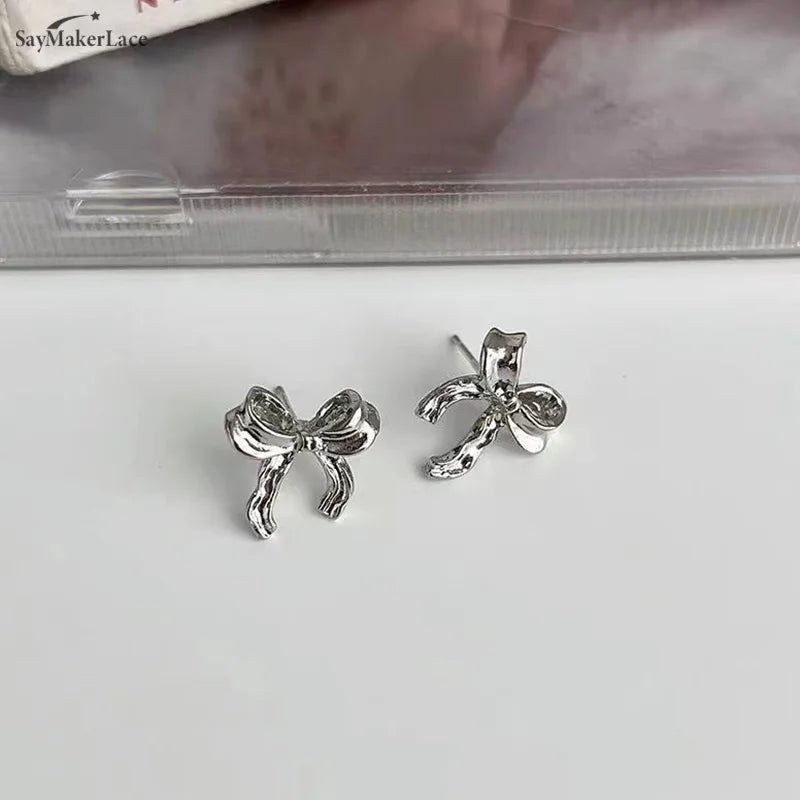 1pair Earrings For Women Asymmetry Bow Stud Nail Earring Fashion Cute Jewelry Piercing Ear Accessories Christmas Gift