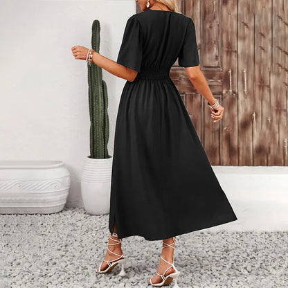 Women Dress Long Fashion Vacation Party Dresses Short Sleeve V-neck