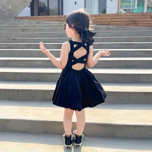 2024 Summer Girls Elegant Goth Dresss Black Sleeveless Tutu Dress Backless Off Shoulder Party Kid Dresses 2 3 4 5 6 8 Years Old