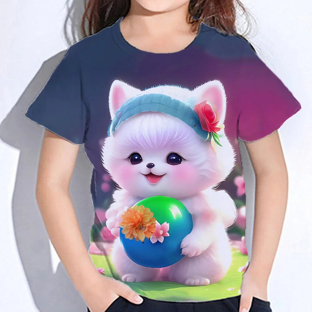 2024 Girl Summer Tops Girls Clothes 2 to 8 Years Short Sleeve Children T-Shirt Cat Print Kids T Shirt Kawaii Children's Clothing