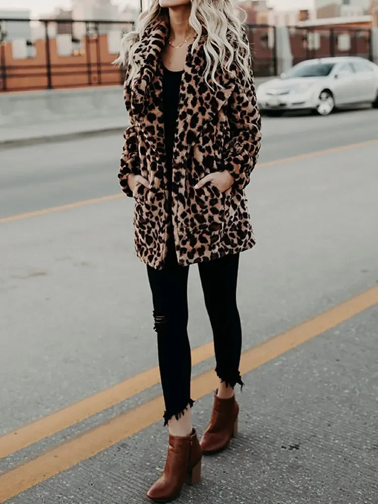 Autumn Leopard Faux Fur Coat Women Long Winter Coat Woman Warm Ladies