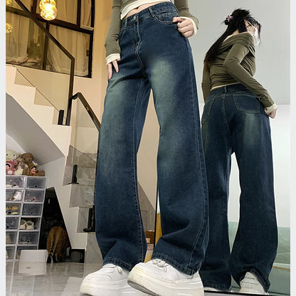 Women Korean Retro High Waist Unisex Straight Leg Jeans