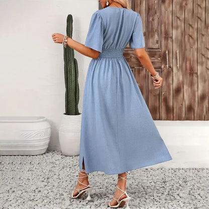 Women Dress Long Fashion Vacation Party Dresses Short Sleeve V-neck