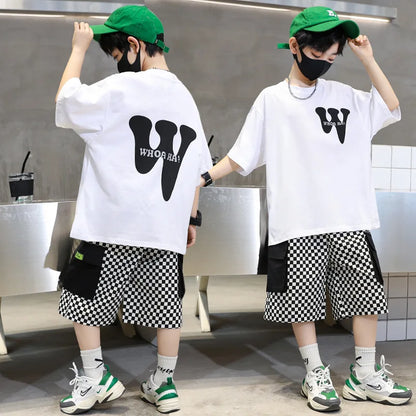 Summer Boys Cotton Alphabet Short-Sleeved T-Shirt Tops+Plaid Short Pant Suit School Kids Tracksuit Child 2PCS Outfit 3-14 Years