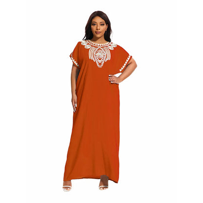 Abayas For Women Dubai Kaftan Cotton O-neck Jilbab Embroider Robe African Loose Traditional Long Dresses With Turban Plus Size