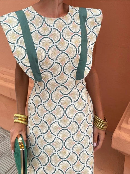 Women's Fashion Printed Flying Sleeves Long Dress Elegant Round Neck High Waisted Maxi Dresses Summer Office Highstreet Vestidos