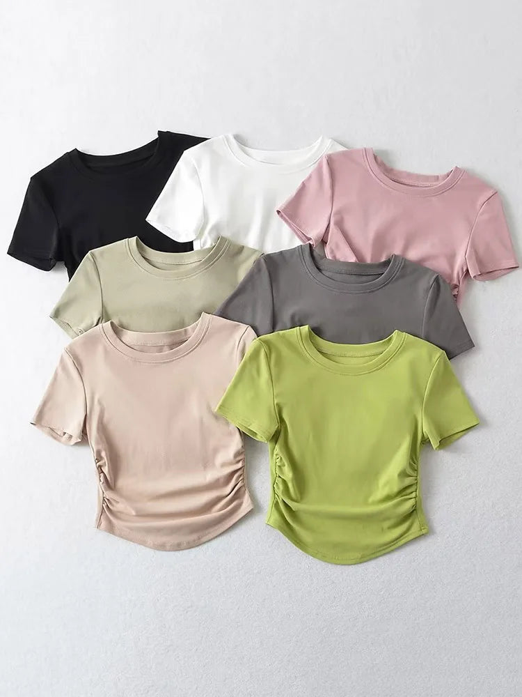 Harajuku Women Crew Neck Short Sleeve Cotton Tee With Ruched Sides Detail T-shirts