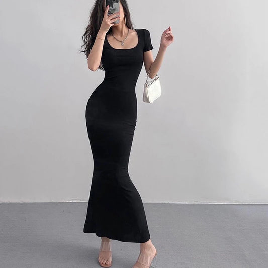 Summer Solid Color Slim Long Dress Women Short Sleeve