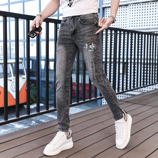 Personalized tide high-end embroidery men's jeans summer thin versatile Slim small feet trend casual gray men's pants