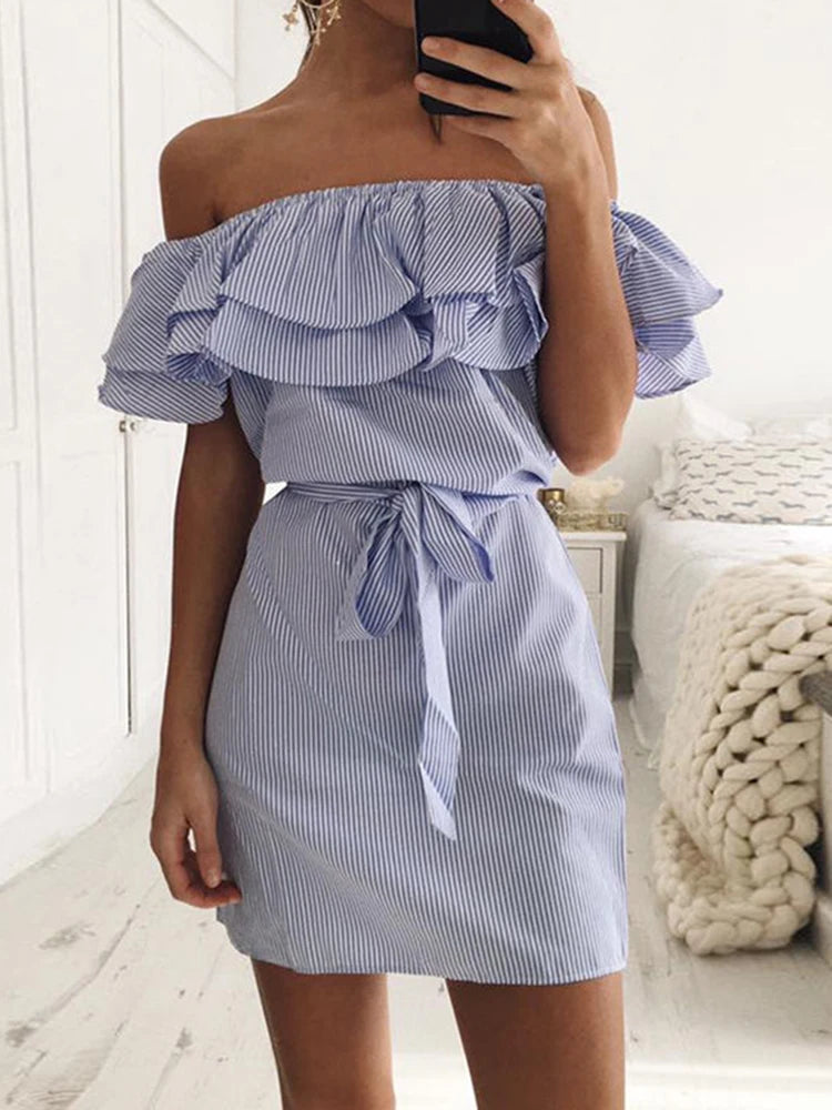 Women Summer Vestidos Striped Printed Slash Neck Elegant Off Shoulder Dresses Casual Wrap Lady Butterfly Sleeve