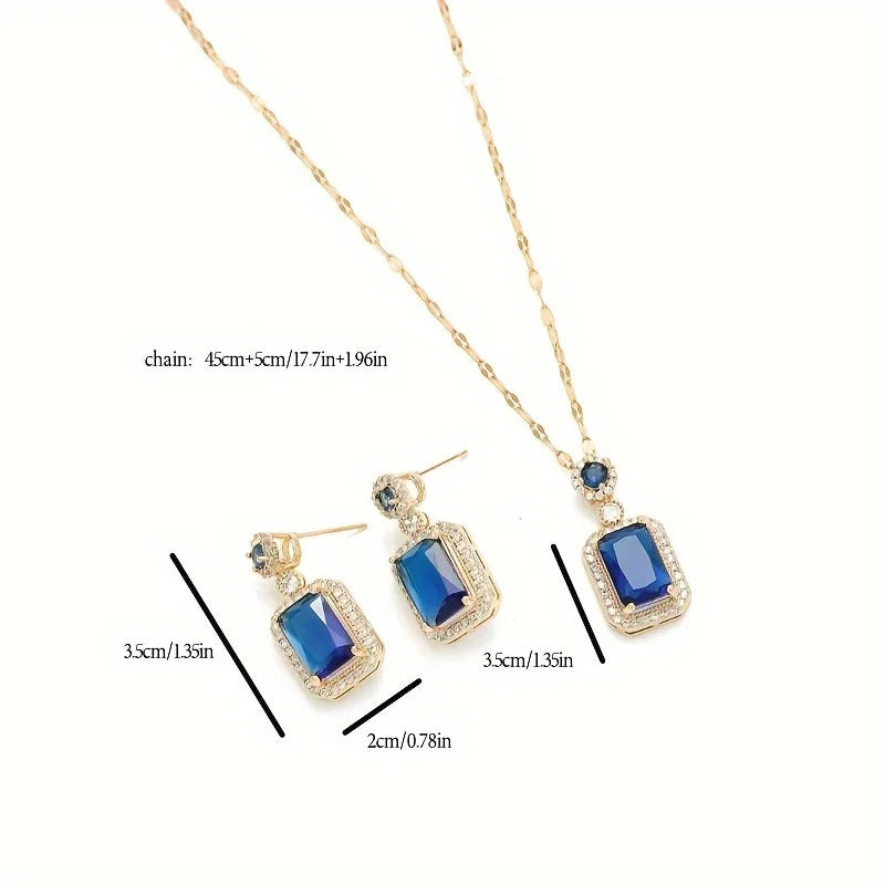 Retro Blue Zircon Geometric Pendant Necklace, Earrings