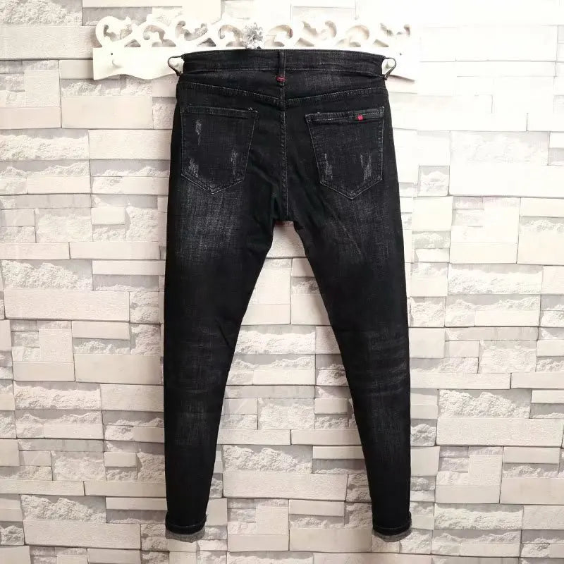 Man's Summer New Elastic Slim Fit Korean Spirit Guy Leggings Skinny Black Denim Jeans Casual Men Designer Ripped Pants