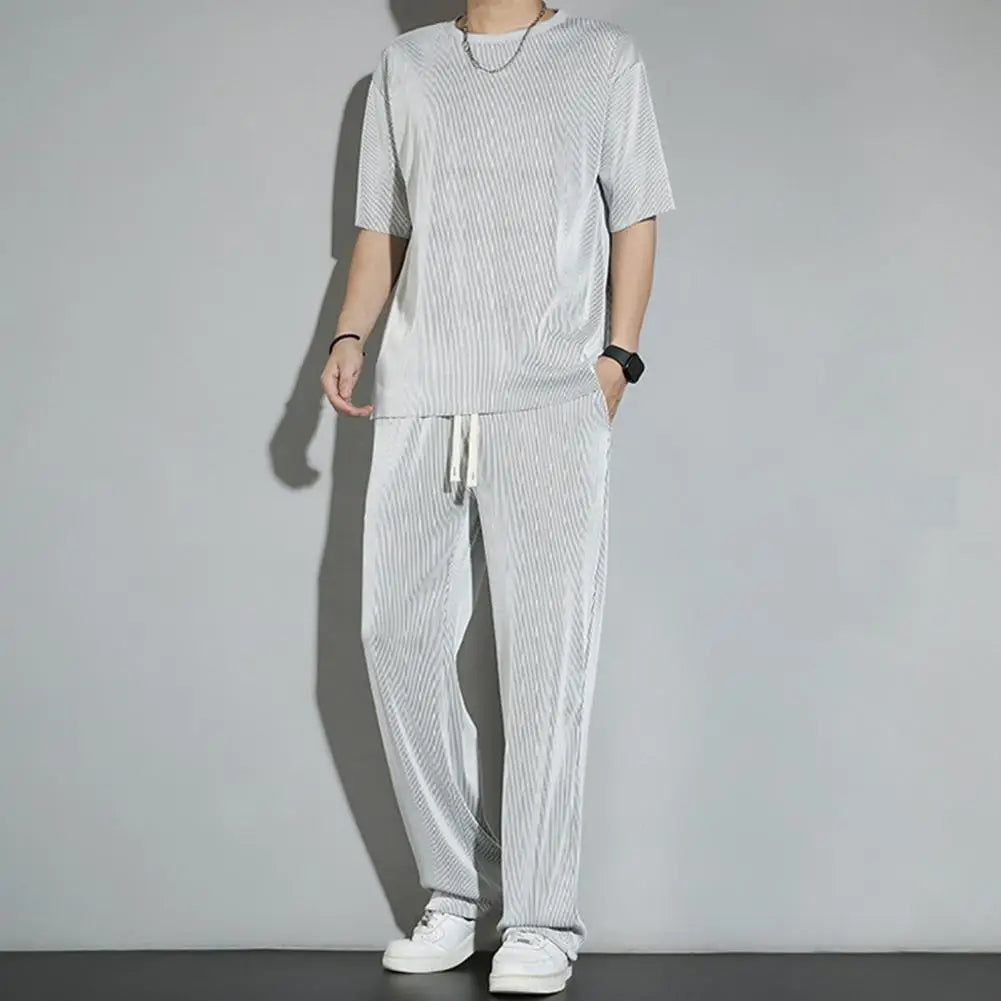 Men Set Men's Summer Sports Set Round Neck T-shirt Drawstring Pants Two-piece Tracksuit for Indoor Outdoor Wear Pullover Sets