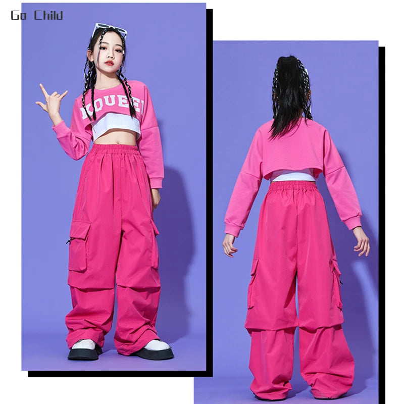 Hip Hop Girls Crop Tops Rose Cargo Pants Child Tank Top Streetwear Joggers Clothes Sets Kids Street Dance Jazz Stage Costumes