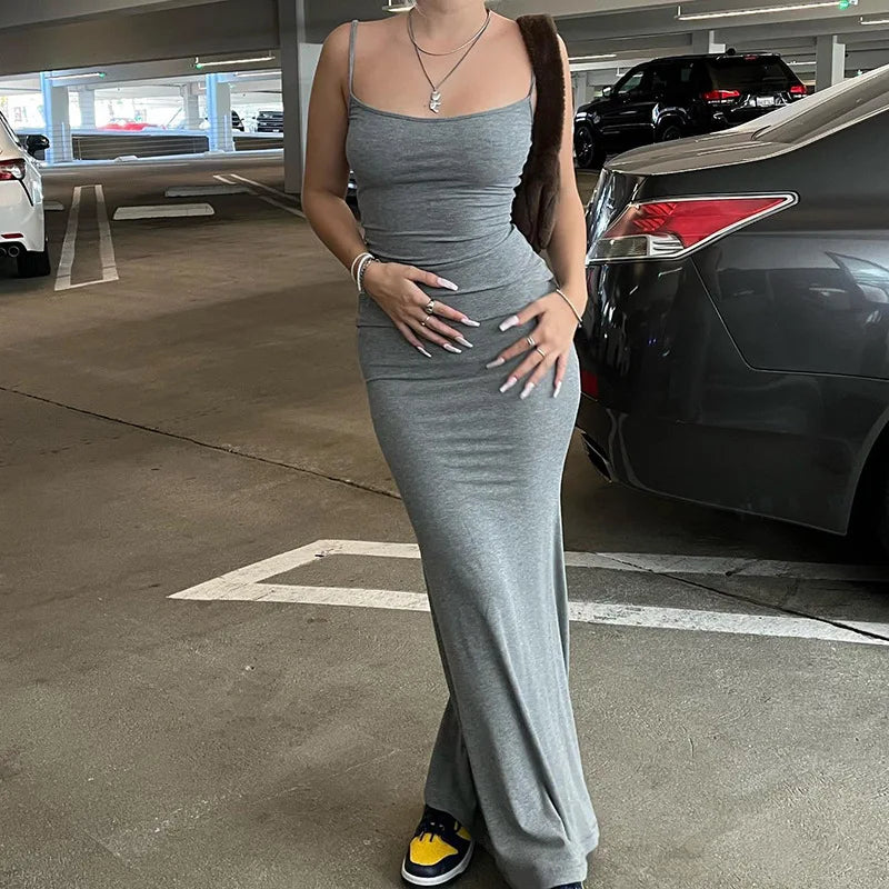 2024 Summer Fishtail Backless Dresses For Women's Sexy Spaghetti Strap Gray Long Dress Y2k Sleeveless Solid Skinny Robe Vestidos