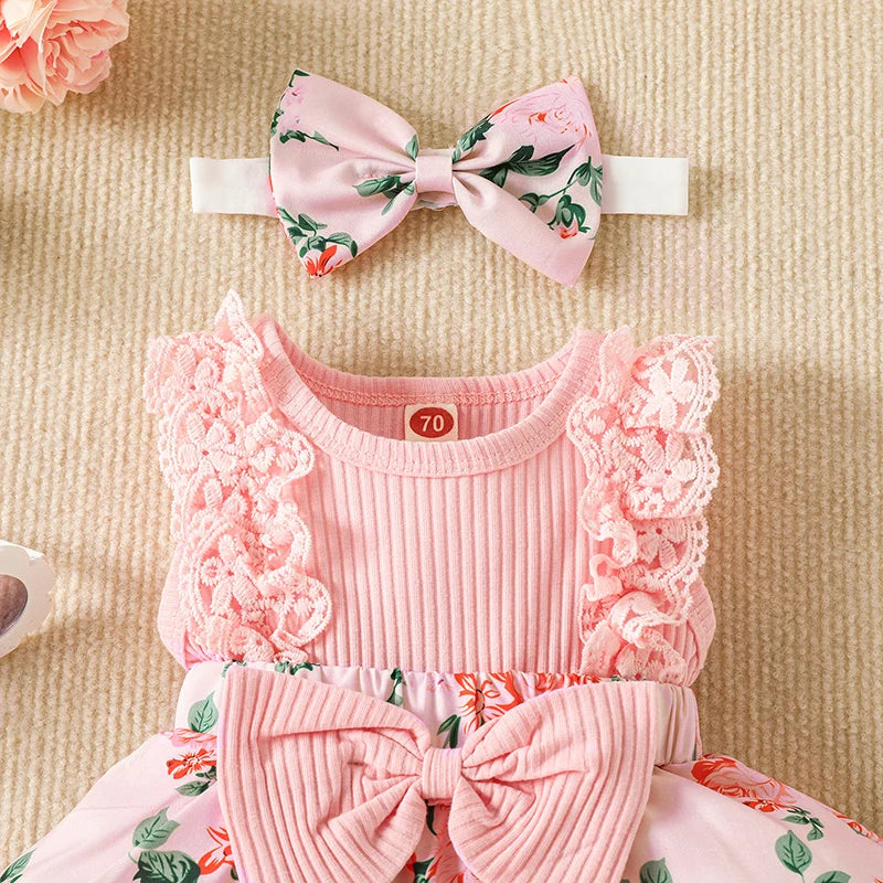 Infant Baby Girls Summer Jumpsuit Outfit Sets Flower Print Lace Sleeveless Round Neck Ruffled Bowknot Romper + Headband