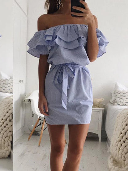 Women Summer Vestidos Striped Printed Slash Neck Elegant Off Shoulder Dresses Casual Wrap Lady Butterfly Sleeve