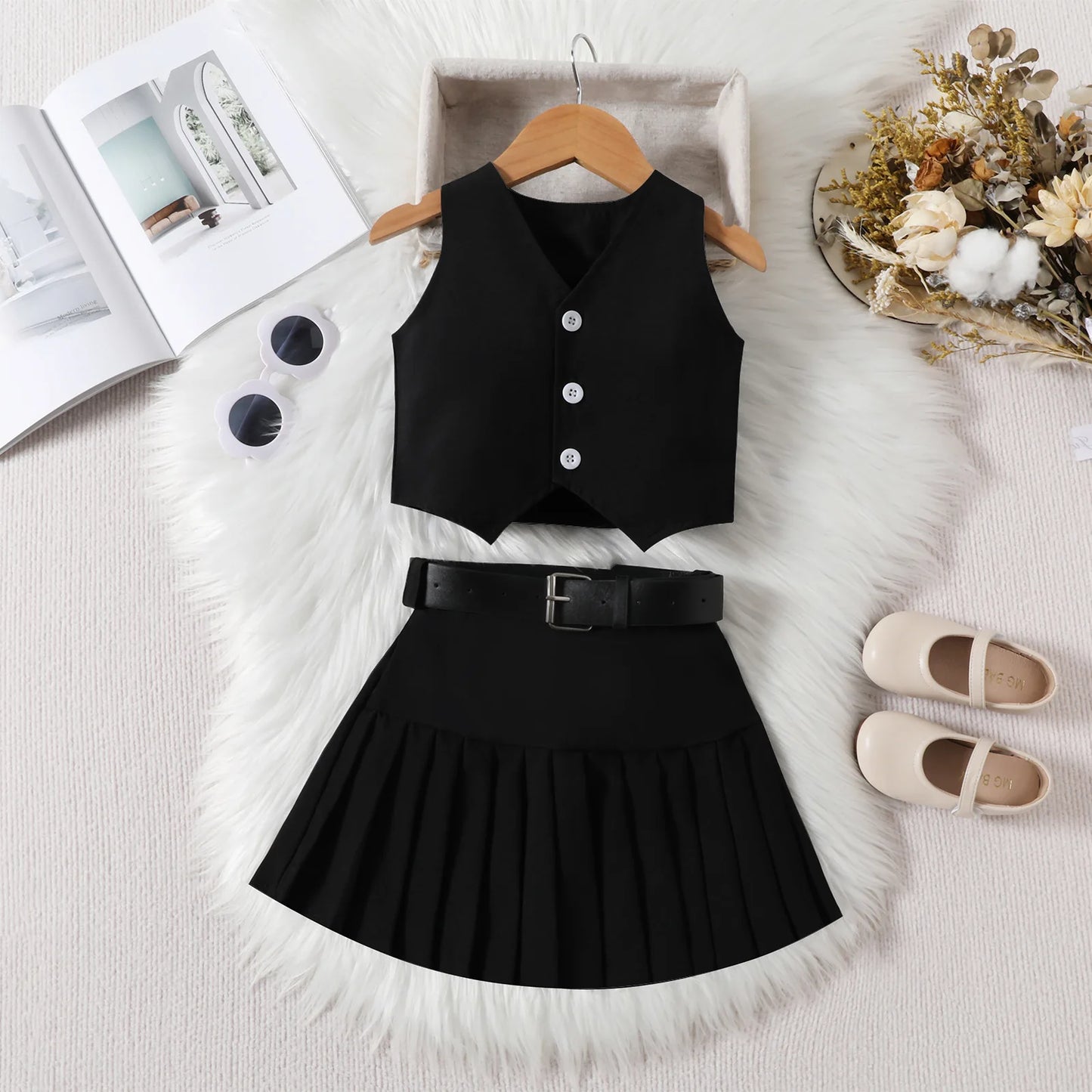 Baby Kids Girls Black Clothes 2 Pcs Set Summer Cute Sleeveless Tank Tops + Pleated Skirk Children Dress For 2 3 4 5 6 7 8 Year