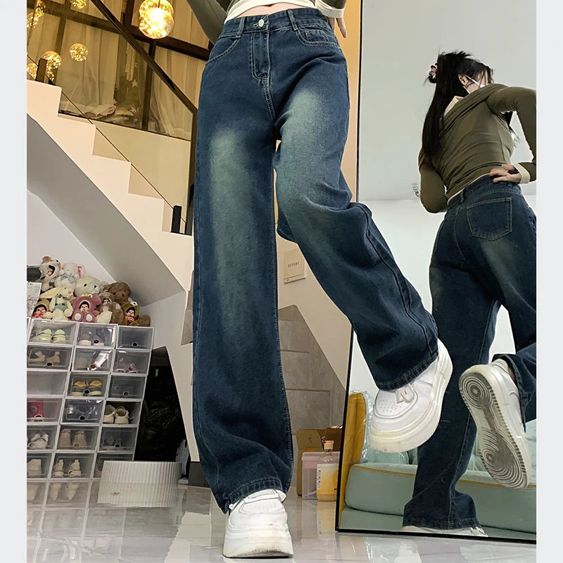 Women Korean Retro High Waist Unisex Straight Leg Jeans