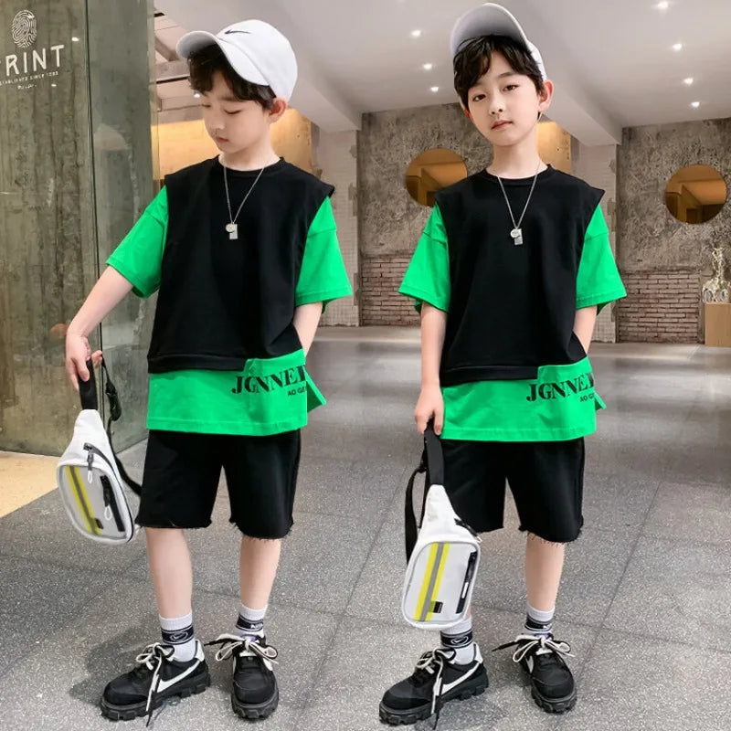 Kids Clothes Boy Contrast Sleeve Fake Two Pieces T-Shirt & Shorts 2 Pieces Set Teenage Summer Street Wear Letter Tracksuit