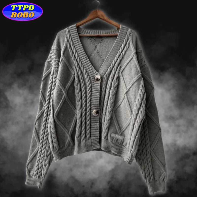 Autumn Knitted V-neck Long Sleeve Women's Grey Cardigans Winter Keep Warm Sweater Coat Fashion Solid Casual Tops 2024