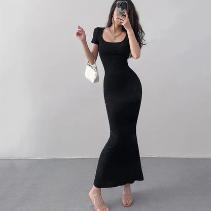 Summer Solid Color Slim Long Dress Women Short Sleeve