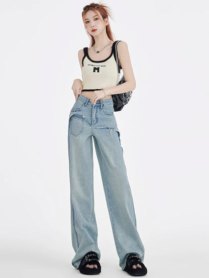 Splicing Design Wide Leg Jeans Women Korean Style Fashion Baggy Straight Trousers Streetwear Denim Pants