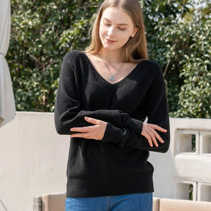 Black V Neck Sweater for Women Solid Long Sleeve Knit Pullovers Women Casual Knitted Tops Woman Cozy Sweaters Spring Autumn 2024