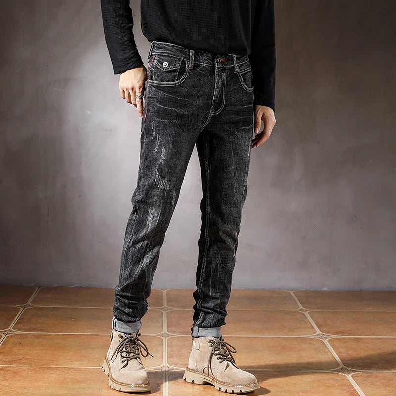 High fashion designer vintage men's jeans black Gray elastic slim ripped jeans men's pants casual stretch jeans Hombre