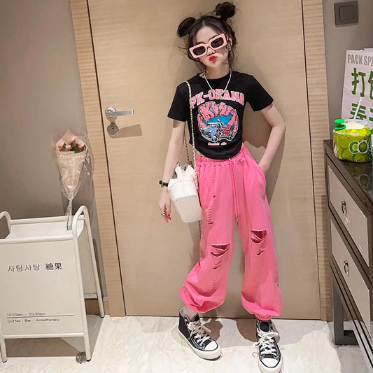 2023 teenager summer Girls clothes midriff street suit crop top cartoon print t shirt + Ripped Ankle-tied pant 7 9 12 14 16 year