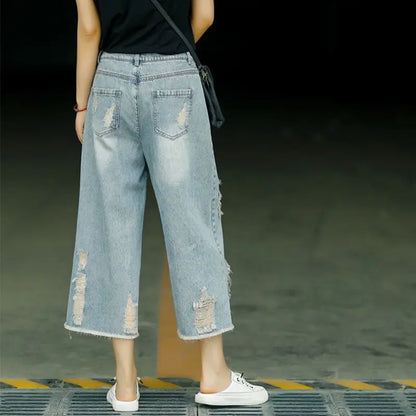 Quarter Summer Thin High Waist Loose Wide Leg Pants Women's Broken Hole Made Old Blue Vintage Casual Pants