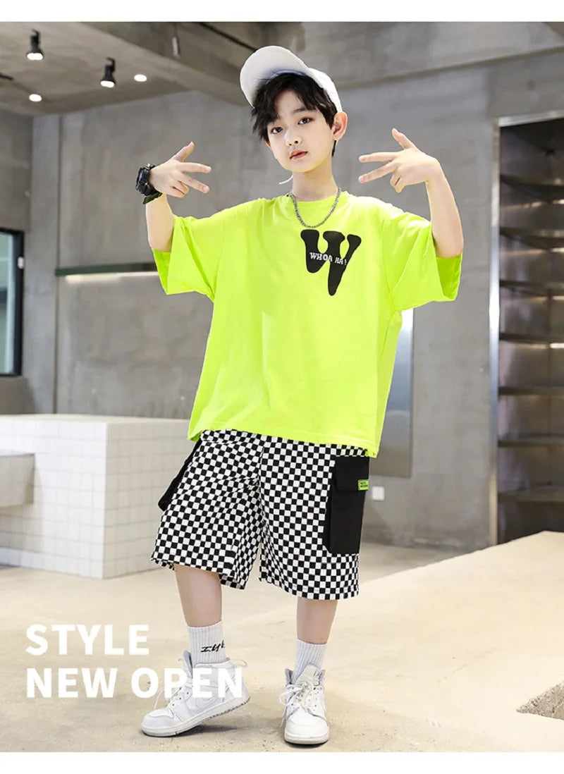 Summer Boys Cotton Alphabet Short-Sleeved T-Shirt Tops+Plaid Short Pant Suit School Kids Tracksuit Child 2PCS Outfit 3-14 Years