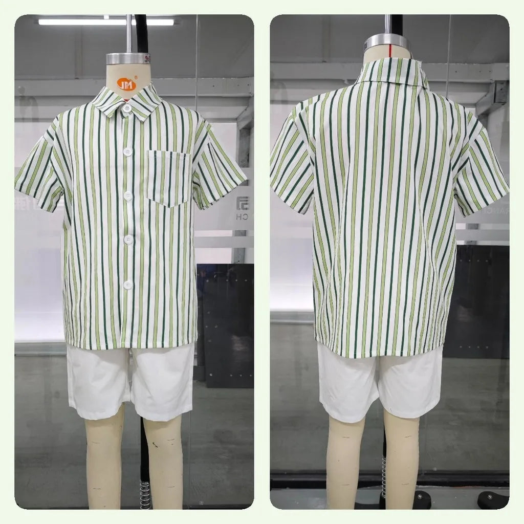 2 Piece Set Teens Boy Clothes Shirt + Shorts 8 9 10 11 12 Years Old Summer Green Strip Casual Beach Party Kids Boy Outdoor suit