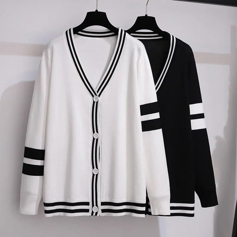 160Kg Plus Size Women's Bust 160cm Loose Cardigan Knitted Sweater 6XL 7XL Spring Autumn V-neck Striped Sweater