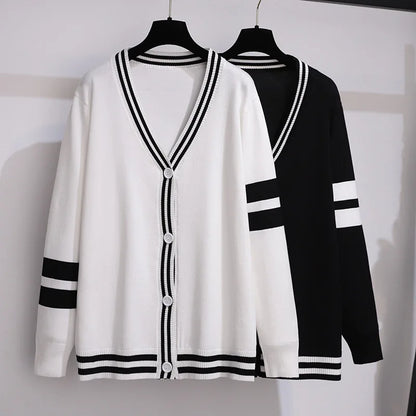 160Kg Plus Size Women's Bust 160cm Loose Cardigan Knitted Sweater 6XL 7XL Spring Autumn V-neck Striped Sweater